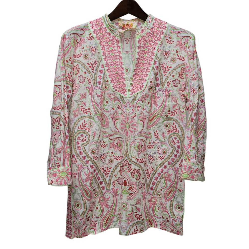 Robert Graham Women 3/4 Paisley Side Slit V-Neck Blouse Top Size Medium
